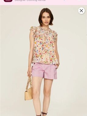 Shoshanna Cream Floral Smocked Ruffle Neck Top